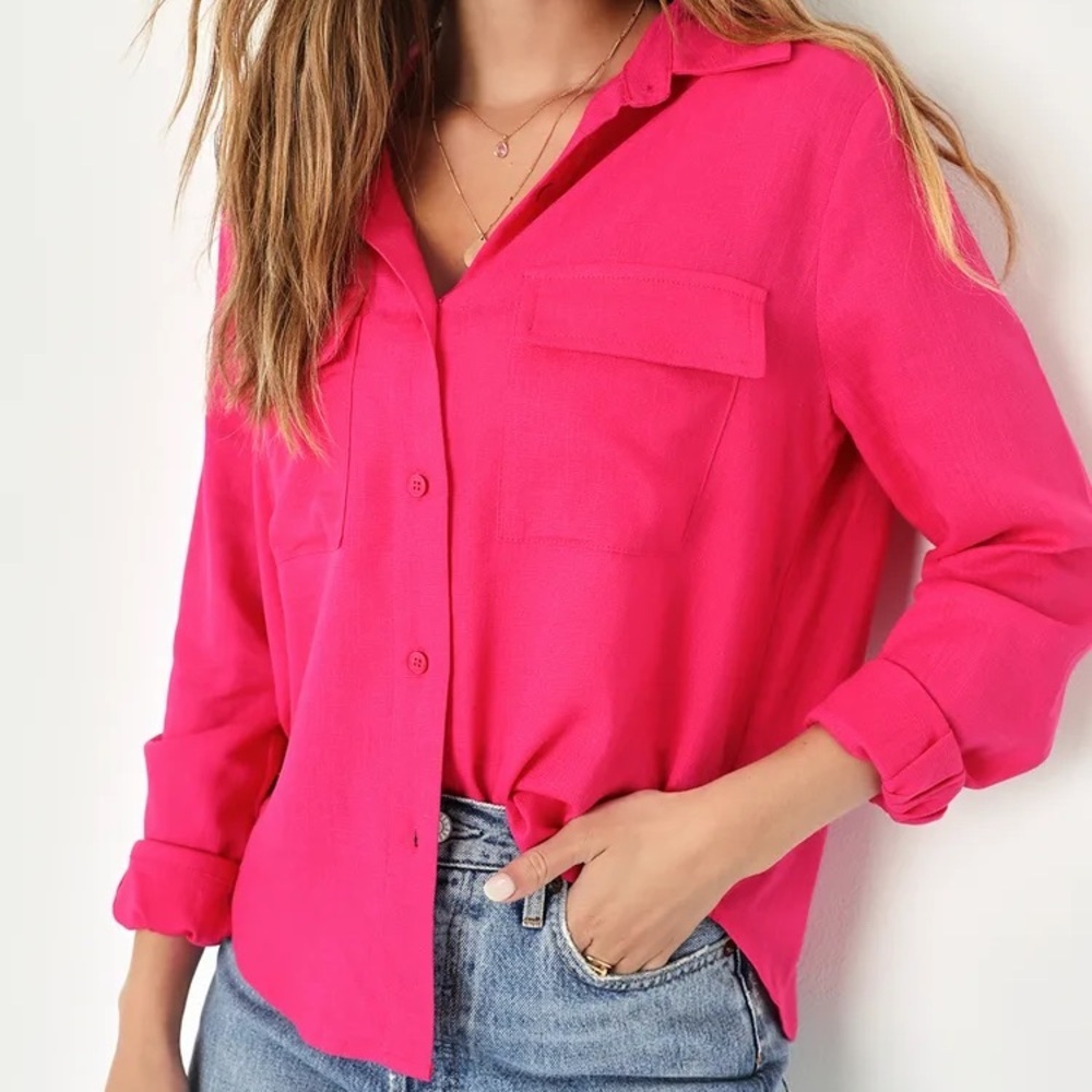 Lulus Women XL Always Breezy Hot Pink Linen Blend Long Sleeve Button Up Top NWOT